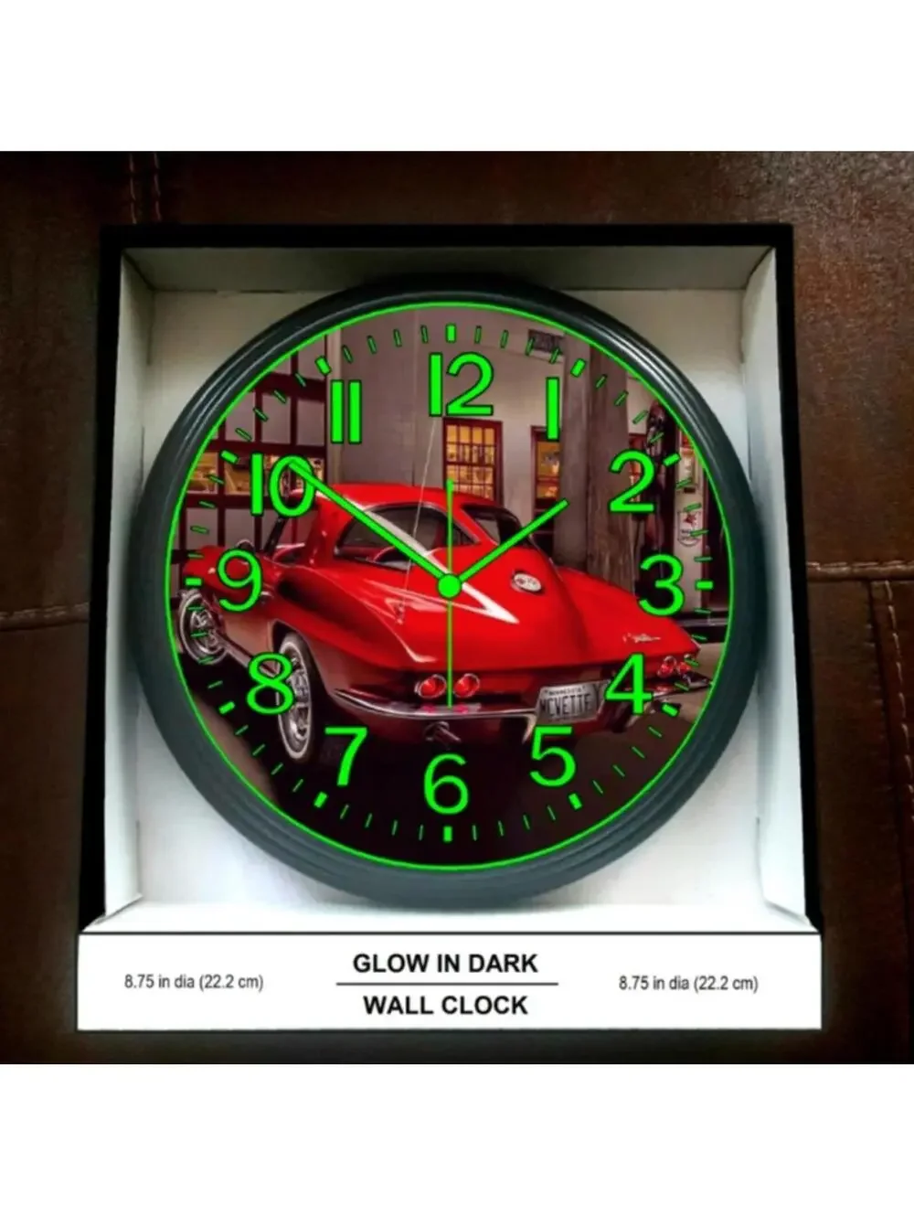 Classic Car Chevy Corvette Red Glow in The Dark Wall Clock New!